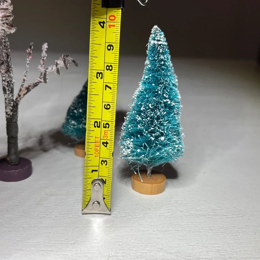 Vtg Christmas Village Figurines Kids Winter Sledding Bench Trees Signs Imperfect